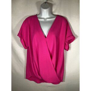 VINE & LOVE Hot Pink Wrap Short Sleeve V-Neck Top Size Small Valentines Classic